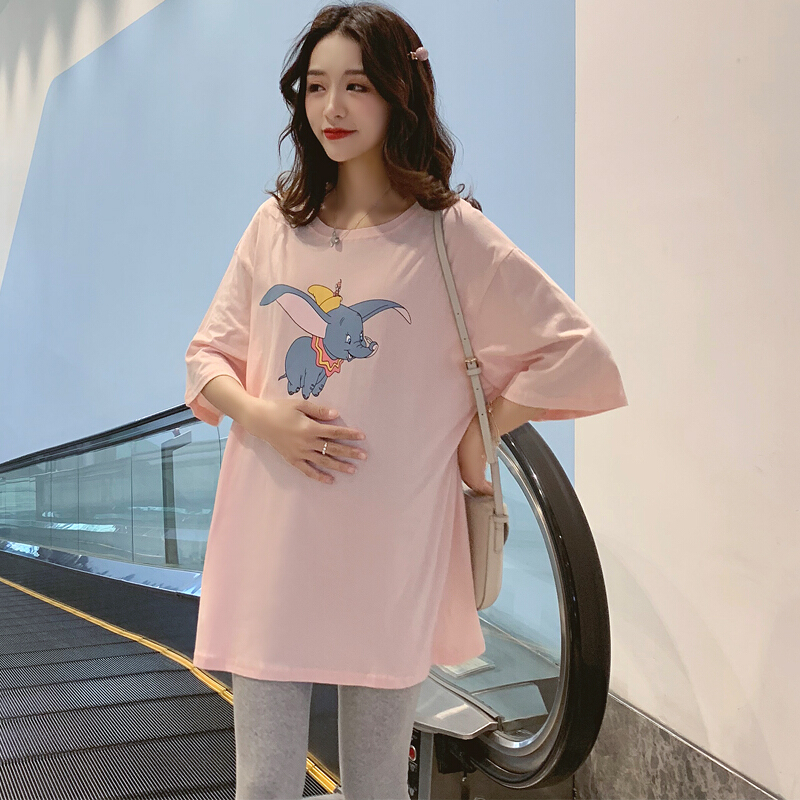 迪鲁奥（DILUAO) 孕妇装夏季新款小飞象宽松时尚短袖T恤上衣大码孕妇套装两件套 浅粉色上衣 2XL(建议体重140-160斤)