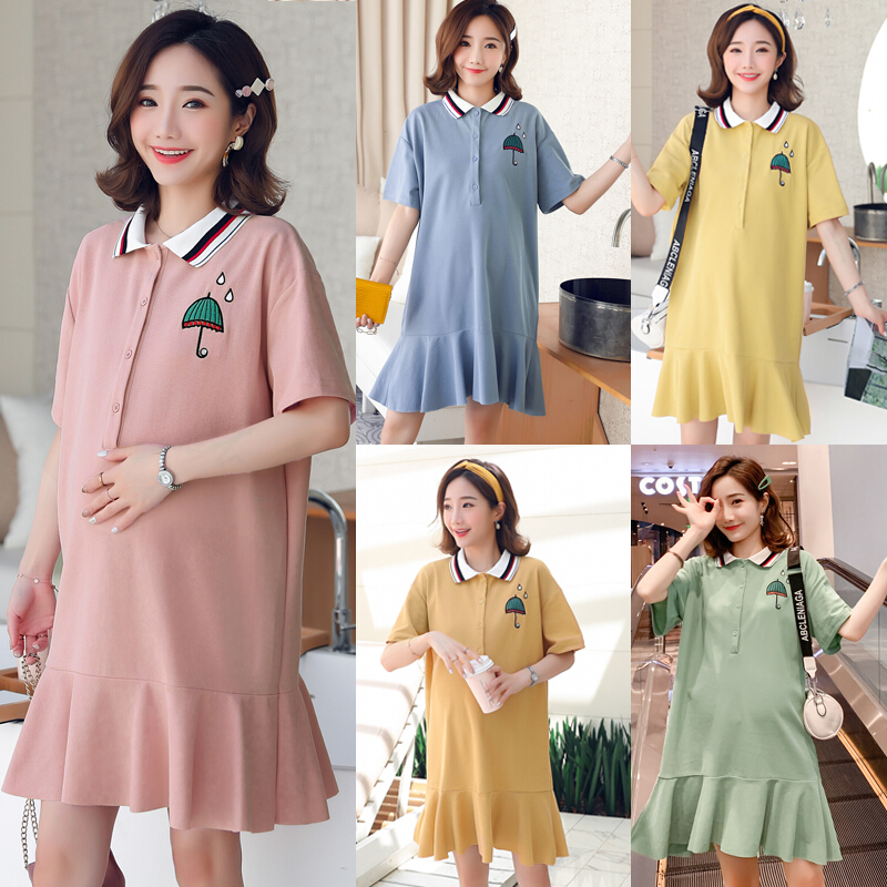 迪鲁奥（DILUAO)!中长款POLO领T恤女短袖夏装孕妇装ins洋气鱼尾裙可哺乳上衣 蓝色 XL