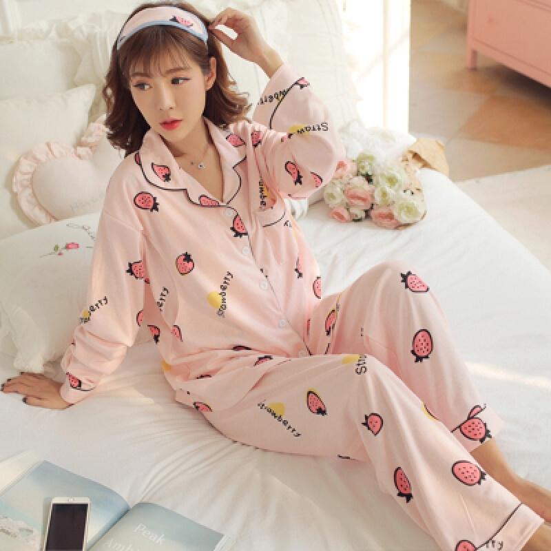 迪鲁奥（DILUAO)大码月子服孕妇睡衣棉布200斤加肥加大春秋季产后哺乳期夏天薄款 粉色草莓开衫 M