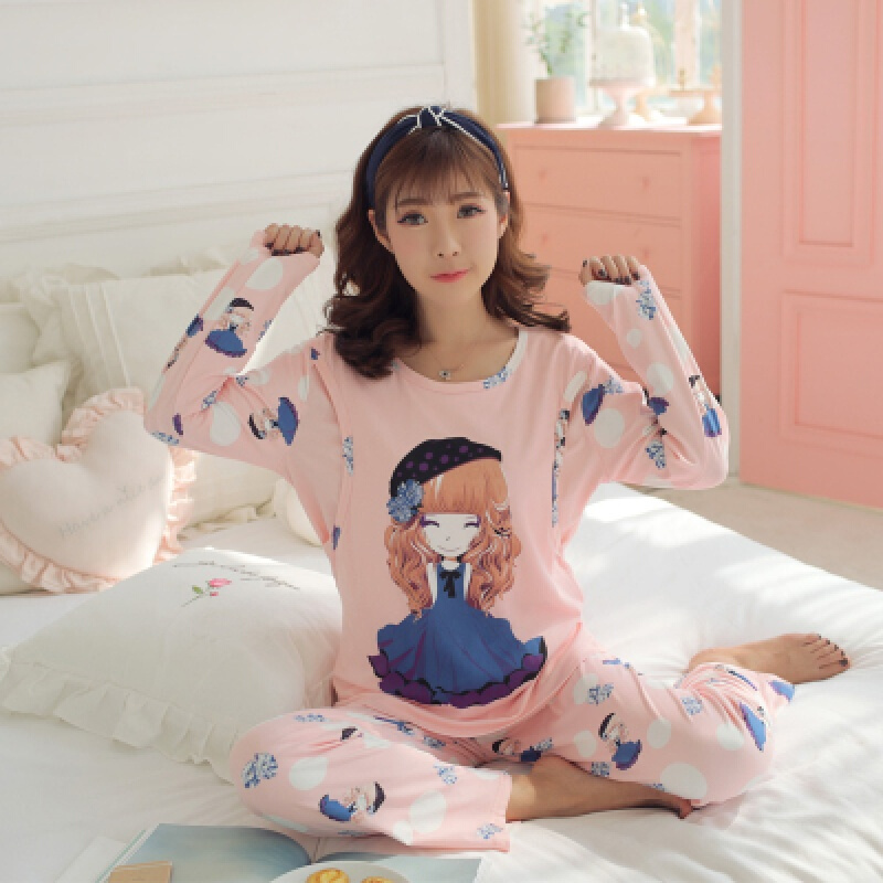 迪鲁奥（DILUAO)大码月子服孕妇睡衣棉布200斤加肥加大春秋季产后哺乳期夏天薄款 百合姑娘圆领 XXXL