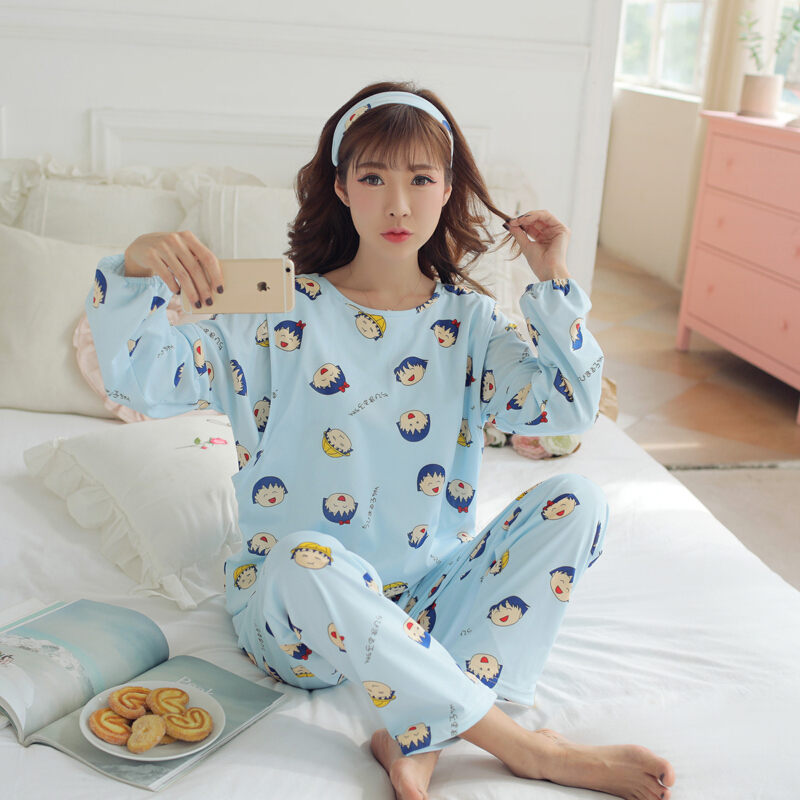 迪鲁奥（DILUAO)大码月子服孕妇睡衣棉布200斤加肥加大春秋季产后哺乳期夏天薄款 小丸子蓝圆领 M