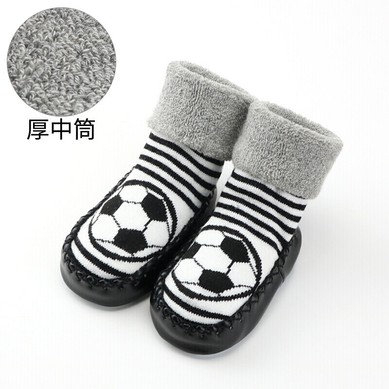 迪鲁奥（DILUAO)宝宝地板袜春秋冬软皮婴儿儿童袜子套松口防滑加厚底学步鞋袜 浅灰色翻边足球(厚中筒 底长17厘米(建议3岁-4岁