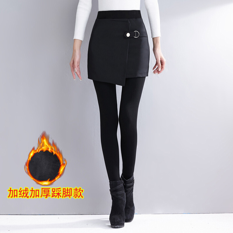 迪鲁奥（DILUAO)2019秋冬季加绒加厚假两件打底裤女外穿踩脚显瘦保暖包臀裙裤一体 XXL 749黑色