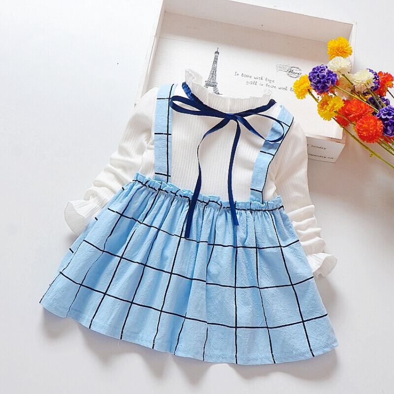 迪鲁奥（DILUAO)女宝宝春2019新款1-2-3-4岁衣服婴儿幼童公主长袖裙子女童连衣裙 丝带格子蓝色 XXL(105cm)