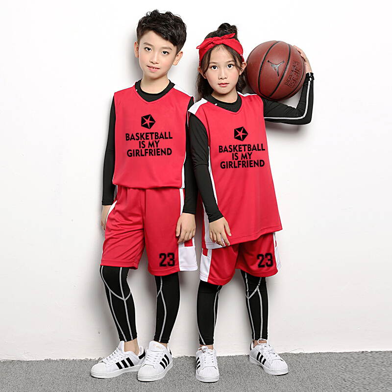 迪鲁奥（DILUAO)儿童篮球服套装男童训练球衣幼儿园小学生速干紧身衣四件套演出服 NK红色图案一 L