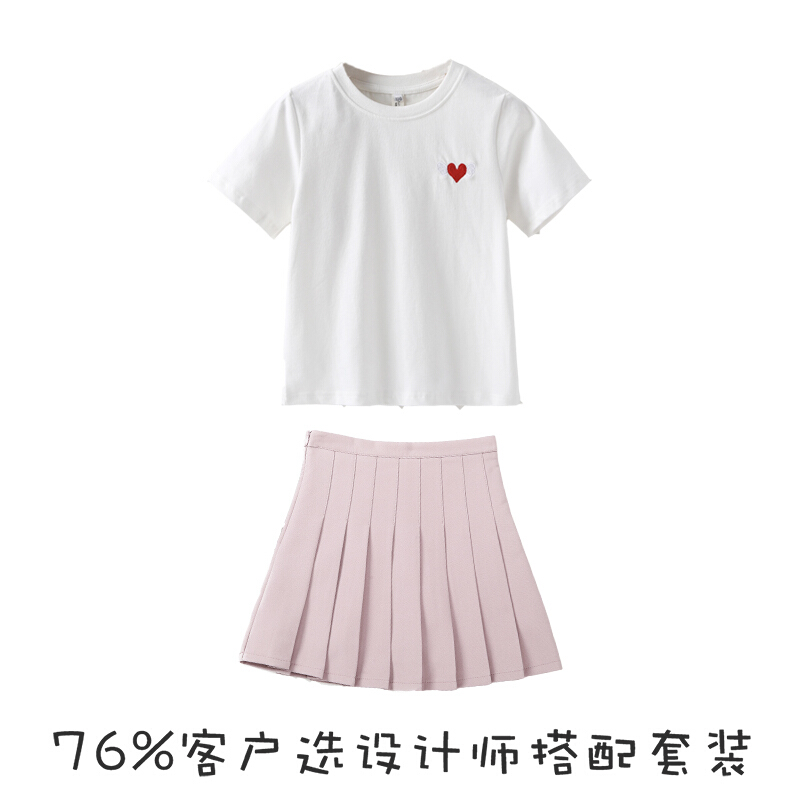 迪鲁奥（DILUAO)2019新款童装女童短裙春女孩百搭白百褶裙子表演儿童四季半身裙Sy 粉色八褶裙+爱心T恤【两件套】 160cm