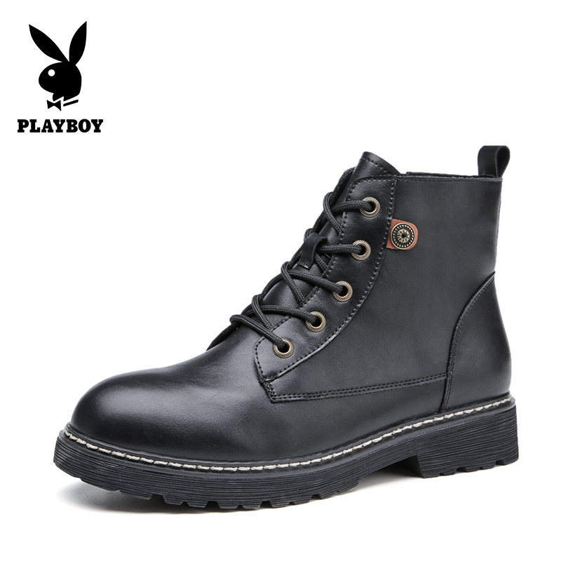 PLAYBOY/花花公子冬季加绒纯色松紧带休闲复古英伦风圆头粗跟时尚工装短靴女K13399264 黑色 37码