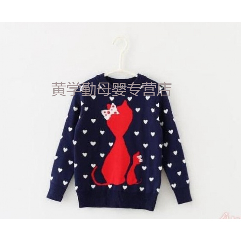 迪鲁奥（DILUAO)2019新款春秋双层加厚套头小中儿童女童圆领宝宝针织衫中大童毛衣 宝兰爱心猫 130cm