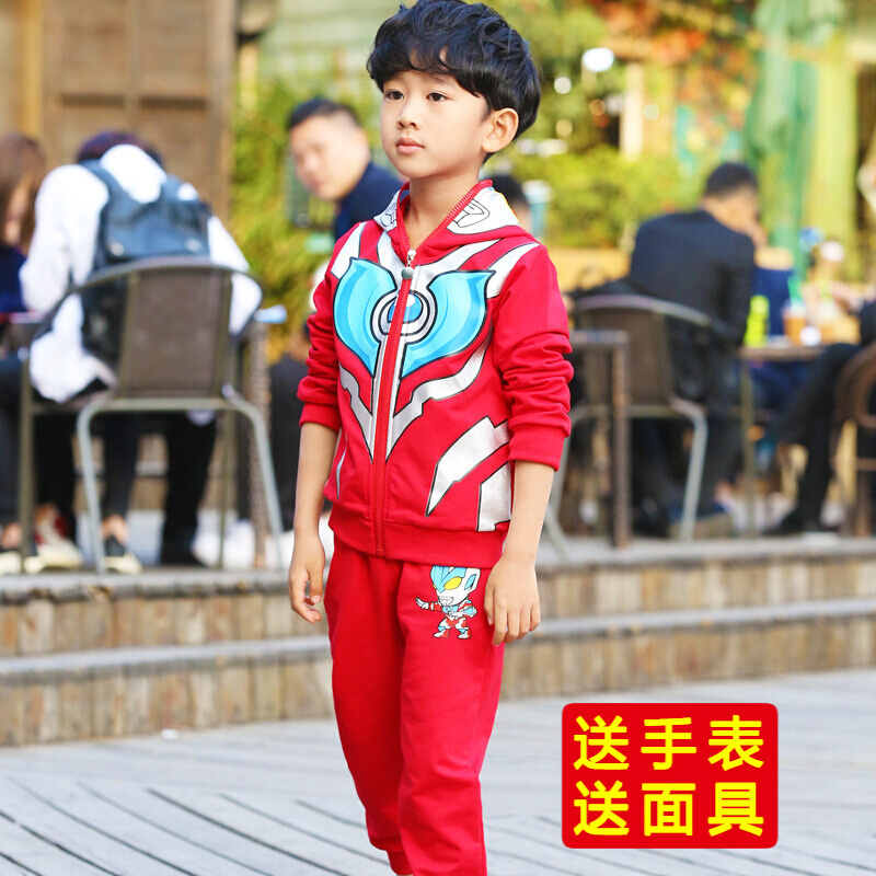 迪鲁奥（DILUAO)童装儿童奥特曼衣服男童套装秋装中小童卡通迪迦欧布休闲运动服长袖外套裤子两件套1-9岁男孩衣_283 银河红色 150码建议身高(125cm-135cm)