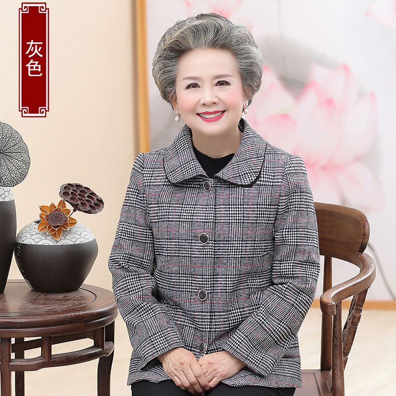 迪鲁奥（DILUAO)轻奢品质中老年人女秋装外套60-70岁奶奶装大码格子老人衣服妈妈春秋新款_225 灰色上衣 3XL建议115-130斤左右详情咨询客服