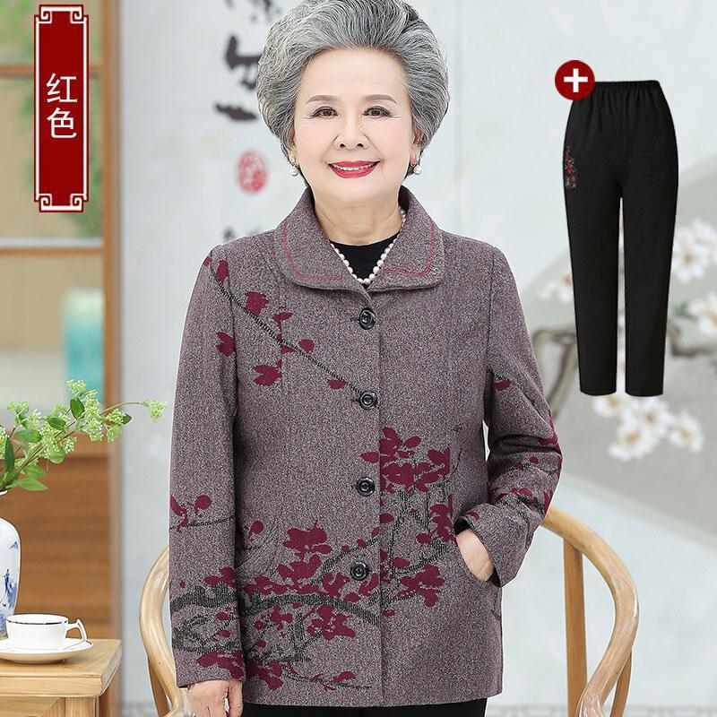 迪鲁奥（DILUAO)轻奢品质老年人秋装女60-780岁中年女装奶奶装宽松外套古典老人衣服长袖_204_231 5XL建议140-155斤左右详情咨询客服 红色上衣+春秋长裤