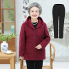 迪鲁奥（DILUAO)老年人女秋装羊毛呢子连帽外套奶奶上衣老人衣服太太长款舒适大衣_712 枣红上衣+长裤 XL建议80-100斤