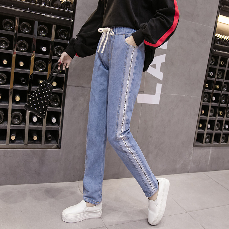迪鲁奥（DILUAO)牛仔裤子女生春秋装2019新款初中高中学生宽松休闲百搭松紧腰长裤_210 6677浅蓝色长裤 5XL