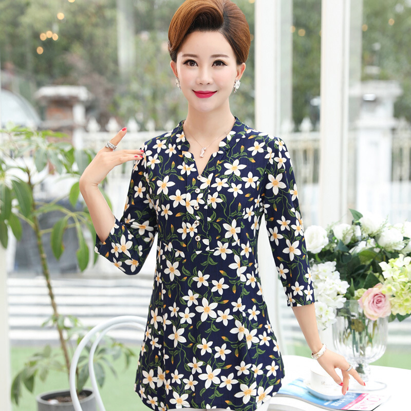 迪鲁奥（DILUAO)新款女装2019新款妈妈秋装40岁50中年女秋季打底衫中老年人洋气上衣两件套_205 蓝花中袖单件 3XL建议(125-138斤)