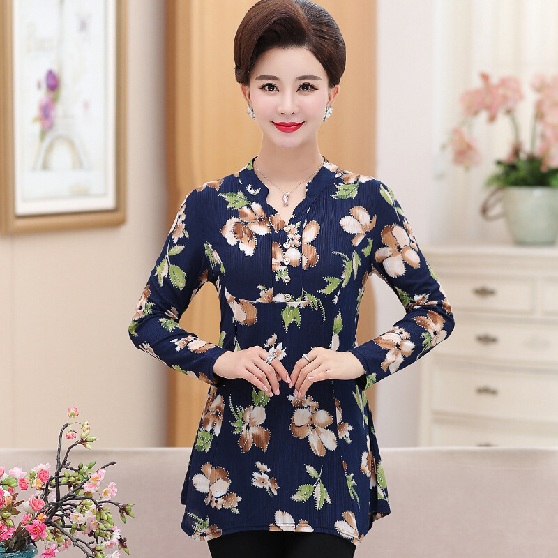 迪鲁奥（DILUAO)新款女装2019新款妈妈秋装40岁50中年女秋季打底衫中老年人洋气上衣两件套_205 68008蓝白花长袖单件 4XL建议(135-145斤)