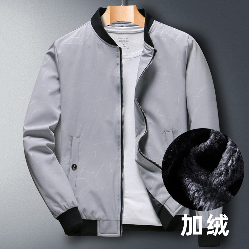 迪鲁奥（DILUAO)【品质夹克】秋冬中老年加绒厚款外套休闲印花夹克衫男装中年爸爸男装上衣外衣_235 加绒浅灰 XL