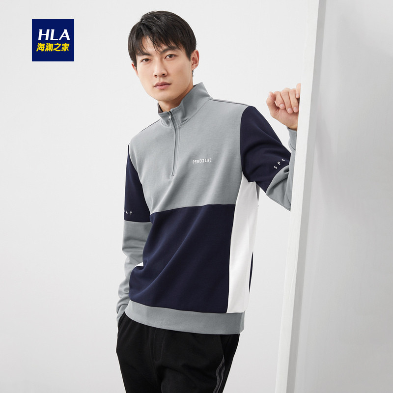 HLA海澜之家半开襟休闲上衣2019秋季时尚拼接套头上衣男 HNZPD3R606A 中灰镶拼E6 175/92A/L