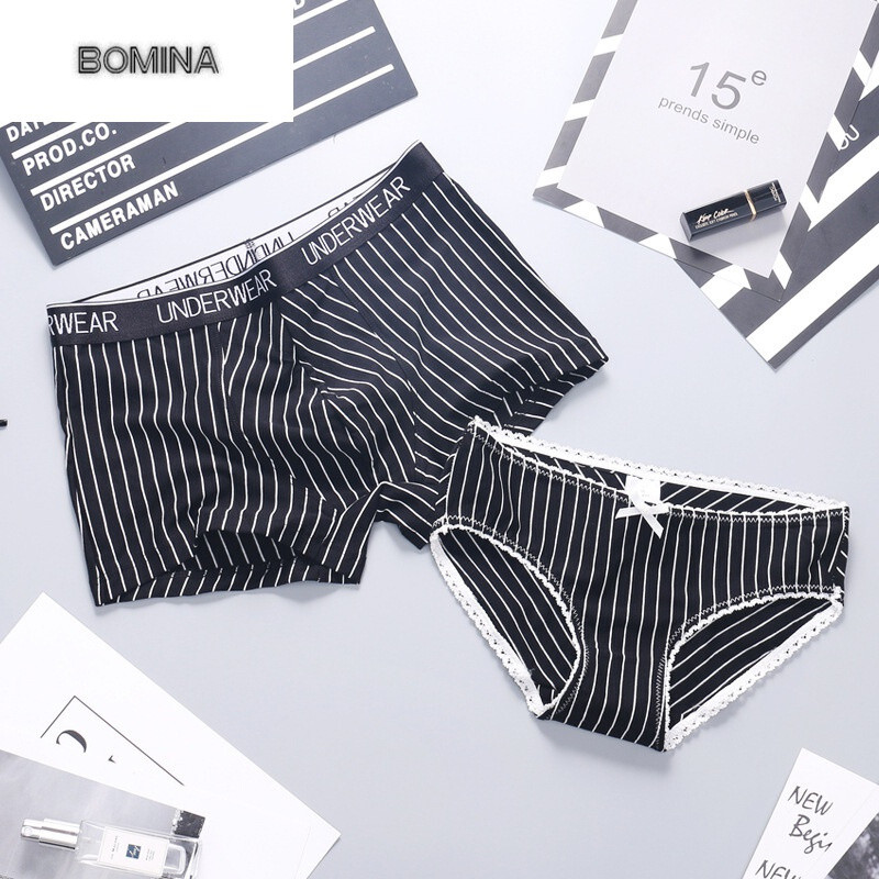 波迷娜（BOMINA)【放心购】2条装情侣款内裤新款个性男平角女三角情侣内裤条纹风纯棉套装 黑色 160.