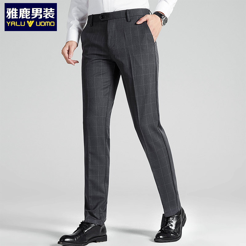 雅鹿男装新品商务休闲弹力舒适面料格子西裤男士休闲裤1007KA65502 S3(灰色) 34