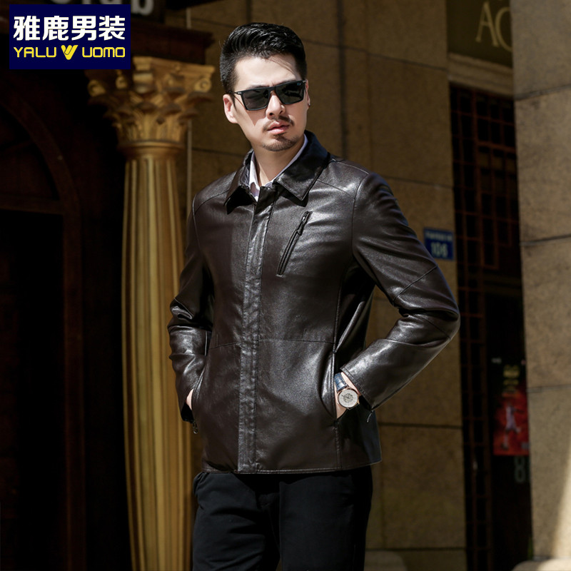 雅鹿男装秋冬新款男士翻领时尚皮衣男商务休闲上衣YL-1815 军绿色 170