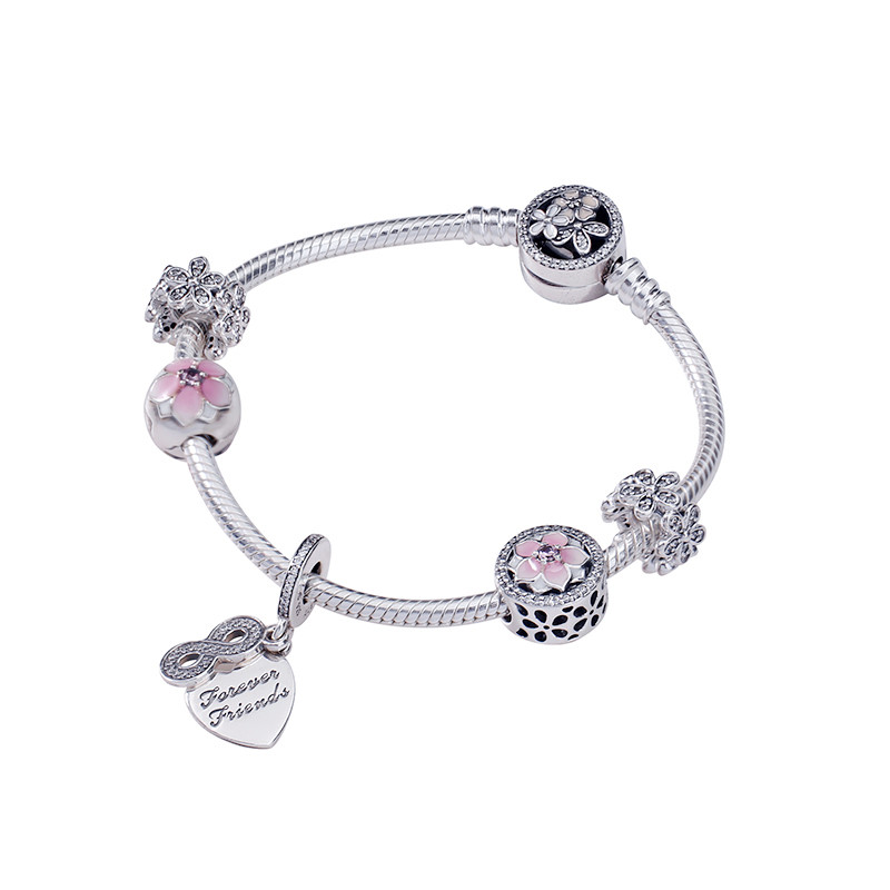 PANDORA 潘多拉 女款手链 爱的告白粉色木兰花 DIY套装 19cm