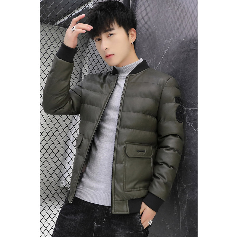 三弦(LA CORDE)冬季PU皮棉衣外套男新款韩版青年加厚保暖防风棉袄男装潮牌上衣服LA-QZQ826 M 军绿色