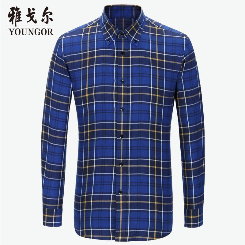Youngor/雅戈尔男装商务正装羊毛混纺修身剪裁时尚格纹蓝色格纹衬衫326FKY 38 蓝色格纹