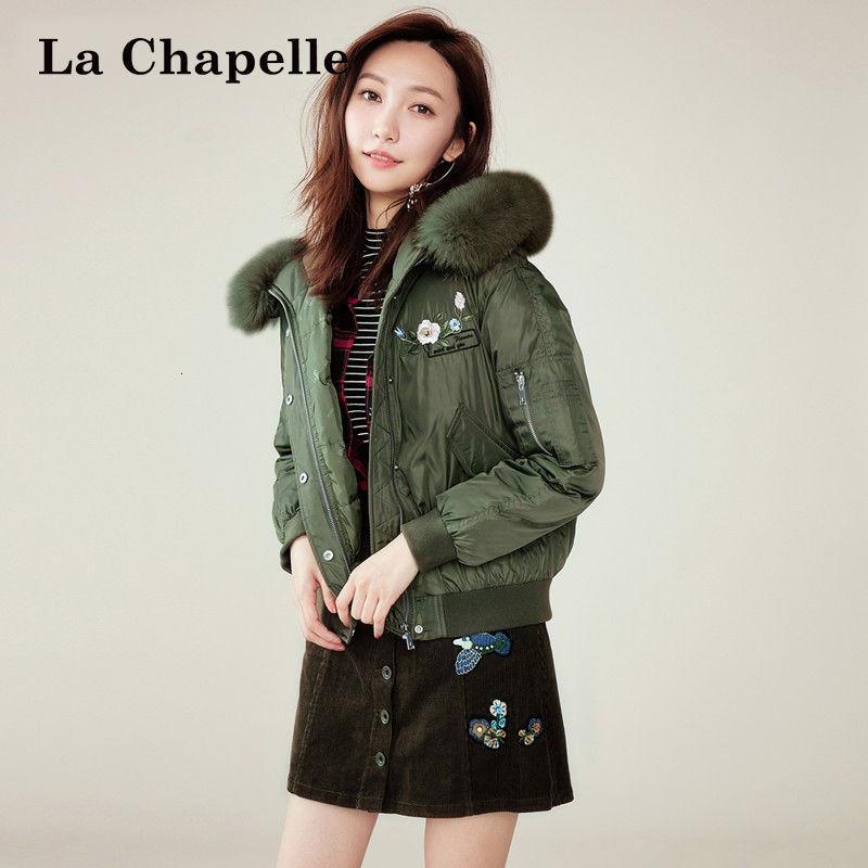 拉夏贝尔轻薄羽绒服女短款大毛领可拆连帽韩版短夹克显瘦10013722_1 L建议(115斤-130斤) 军绿