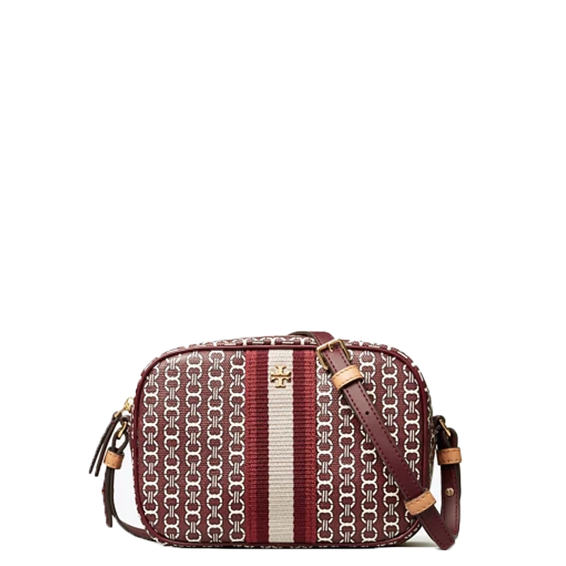 【直营】托里.伯奇(TORY BURCH) Gemini Link拉链款涂层帆布迷你相机包女士单肩包斜挎包 TB女包 深红色57743-989