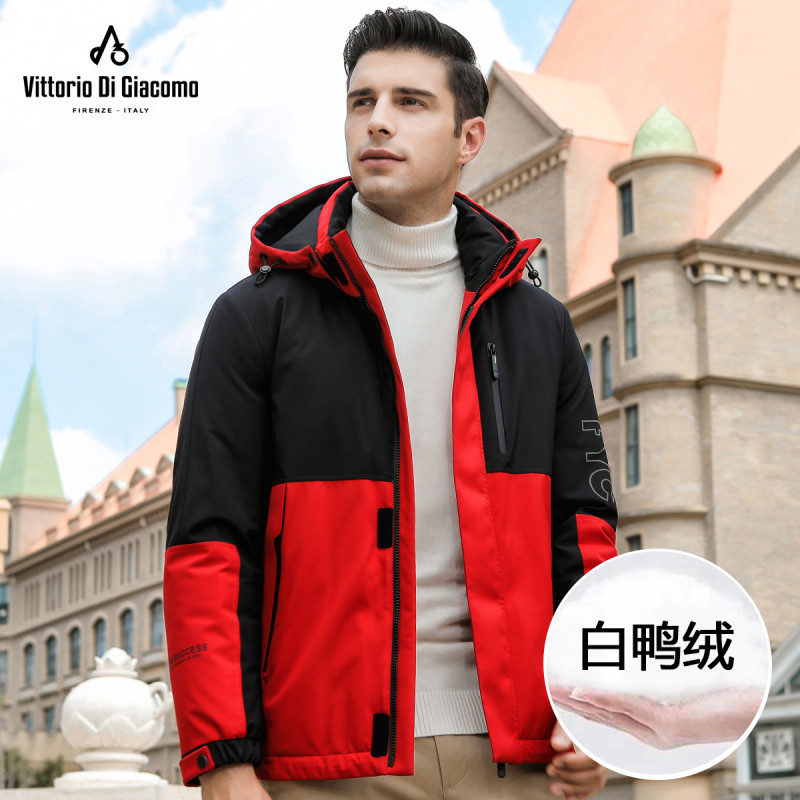 迪伽默 羽绒服男士简约时尚撞色连帽羽绒服 红色撞黑色 XL