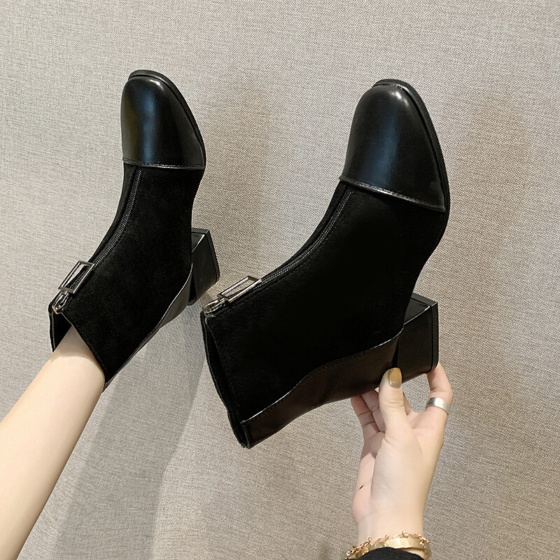 迪鲁奥（DILUAO)2019新款秋冬季马丁靴英伦风低跟中粗跟短靴前拉链方头时尚女靴子 黑色 40.