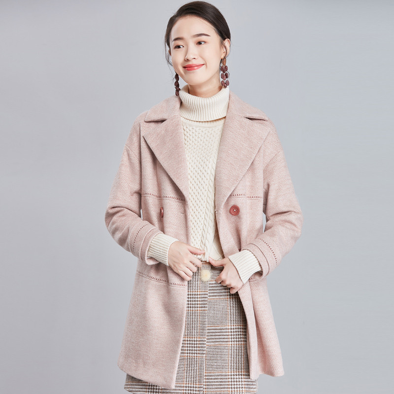 欧昵雪秋季人字纹宽松双排扣中长款毛呢外套女呢子大衣 L 杏粉色