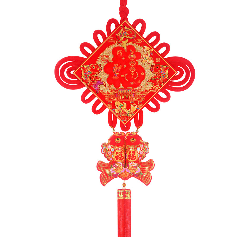 SCP 30号中国结单线挂鱼 SCP-11524 植绒印花烫金福字中国结挂件春节装饰用品55*100cm （50个起订）