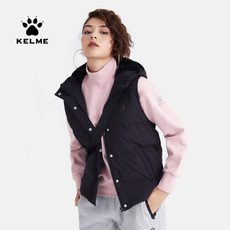 kelme/卡尔美2019秋冬新款短款连帽白鸭绒羽绒服休闲马甲外套女 L/165 黑色
