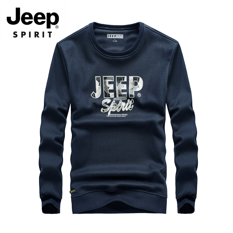 JEEP/吉普2019秋季新款男士休闲简约时尚印花圆领套头长袖加厚卫衣FSM L 蓝色