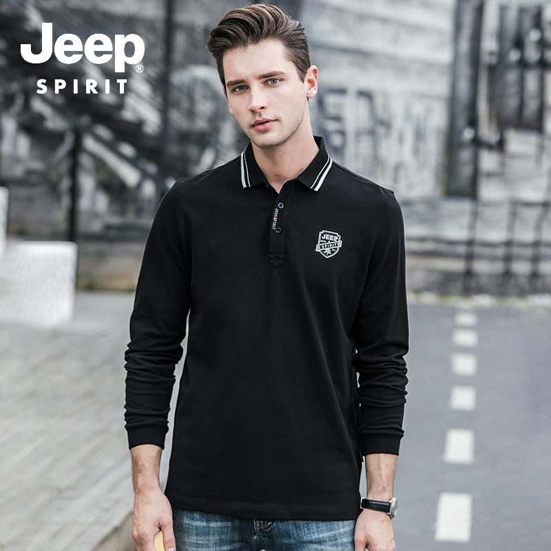 JEEP/吉普2019秋季新款男士简约翻领百搭休闲长袖T恤打底衫上衣FSM XXXL 黑色