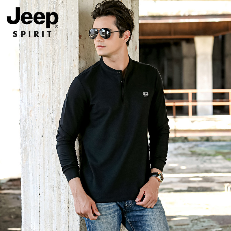 JEEP/吉普男士秋季新款时尚简约纯色立领长袖套头打底上衣FSM XXL 黑色