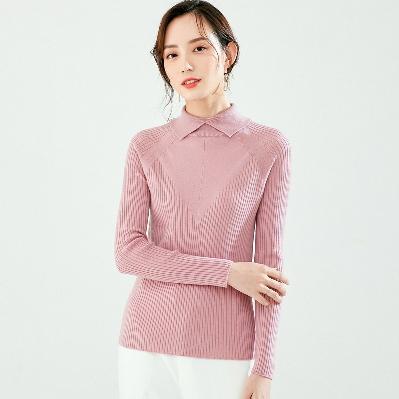 恒源祥羊毛衫女翻领修身2019新款冬季纯色针织衫POLO领打底衫毛衣_1 160/84A 粉红