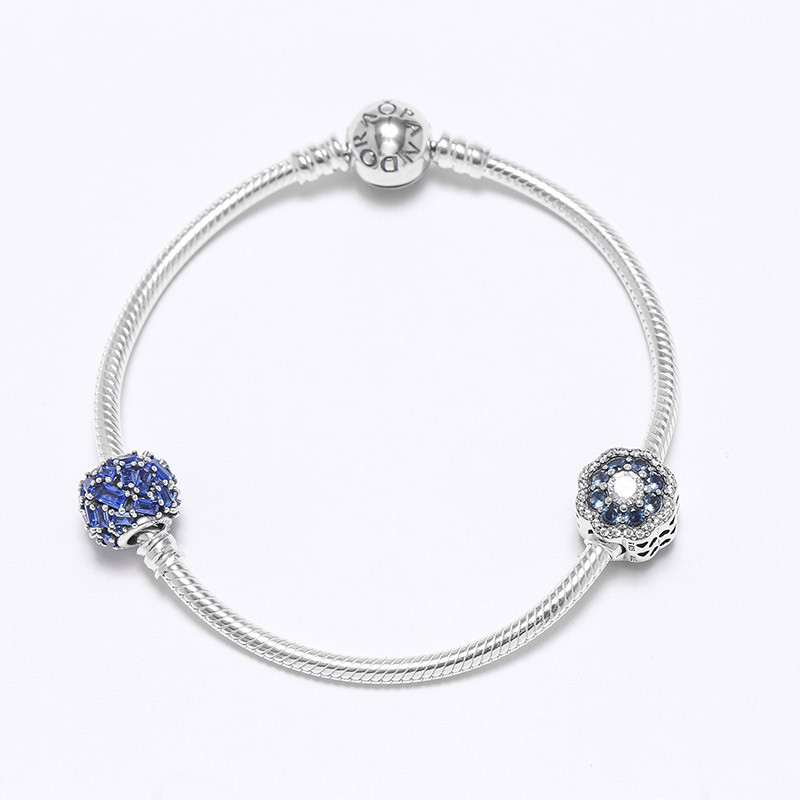PANDORA潘多拉 水晶闪耀 蓝色闪亮花朵925银串饰 手链 18cm