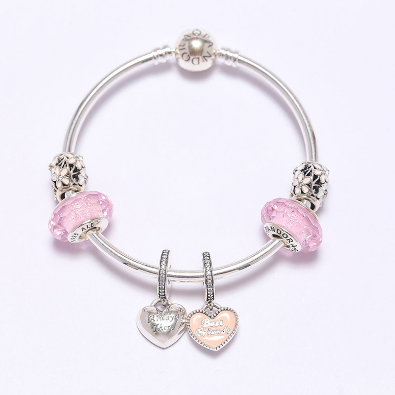 PANDORA潘多拉 粉色诗花绽放 Best Friends吊坠 串珠串饰手链 17cm