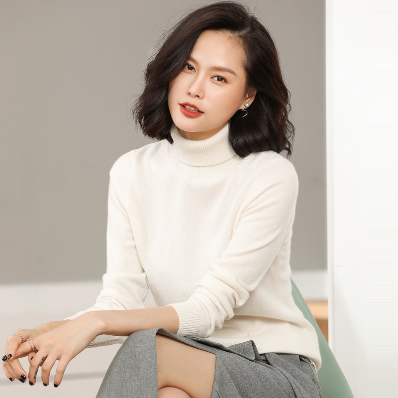 恒源祥羊绒衫女高领秋冬纯羊绒针织衫纯色两翻领毛衫打底毛衣女装_7 165/88A 原白