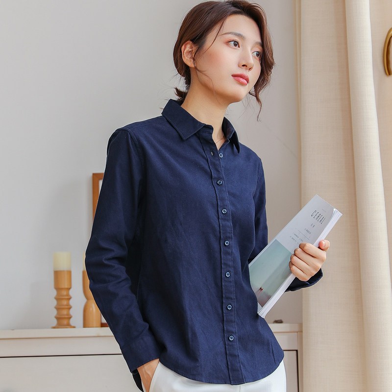 恒源祥磨毛长袖衬衫女秋冬工作服职业OL牛津纺衬衣2019新款正装_1 160/84A 藏青