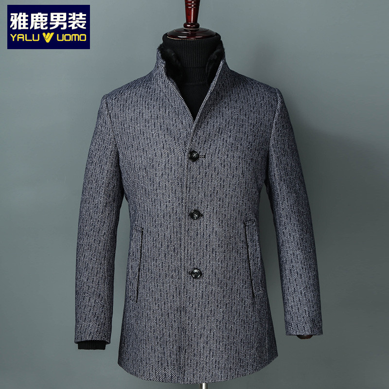 雅鹿男装男士毛呢大衣商务休闲可拆卸毛领外套HWDAD4V081 灰青 170
