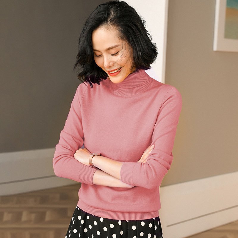 恒源祥羊毛衫女高领套头针织衫2019秋冬新款双翻领修身打底毛衣女_834 115/180/2XL 23WHG019粉红