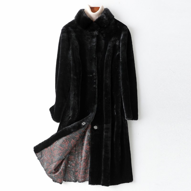 2019秋冬新款羊剪绒皮大衣女士皮毛一体整貂毛领外套W 3XL 红枫叶