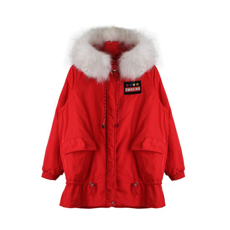 a02新款韩版抽绳冬季外套女潮毛领连帽棉衣棉服女DTU5B0321CT 梅红-134 L