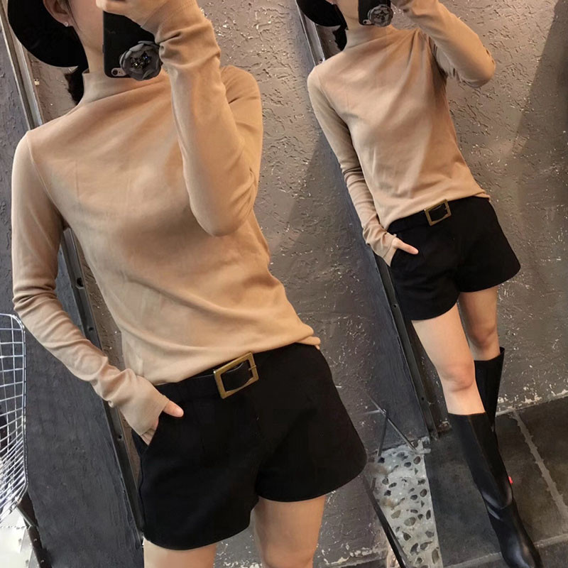 2019韩版新款半高领打底衫加绒长袖女装t恤洋气秋冬内搭修身上衣潮 杏色（磨毛款） 3XL