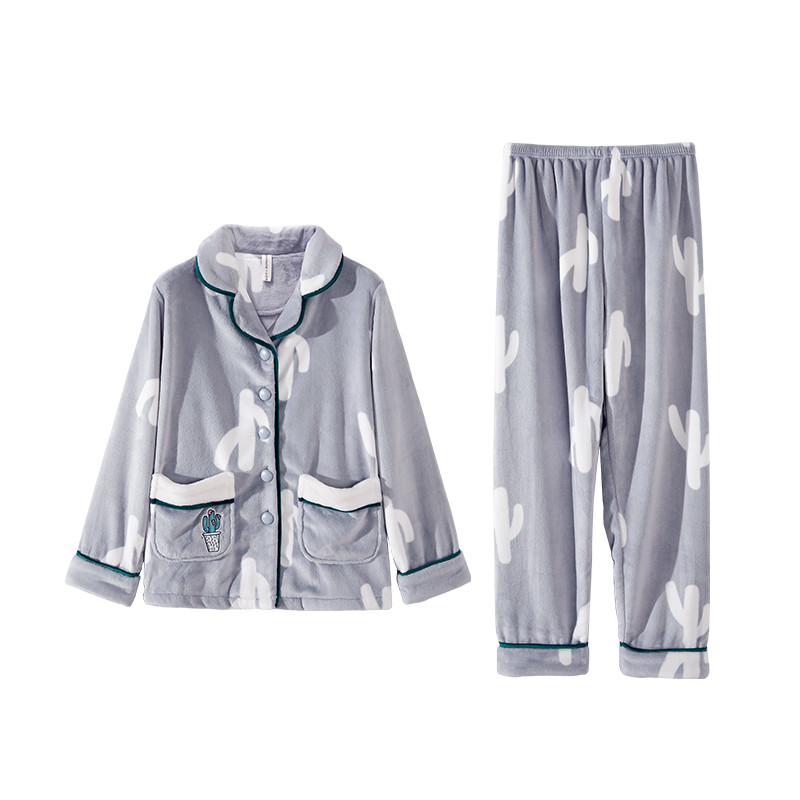 芬腾千线艺珊瑚绒睡衣女冬季韩版长袖加厚法兰绒家居服两件套 S J55941605浅灰