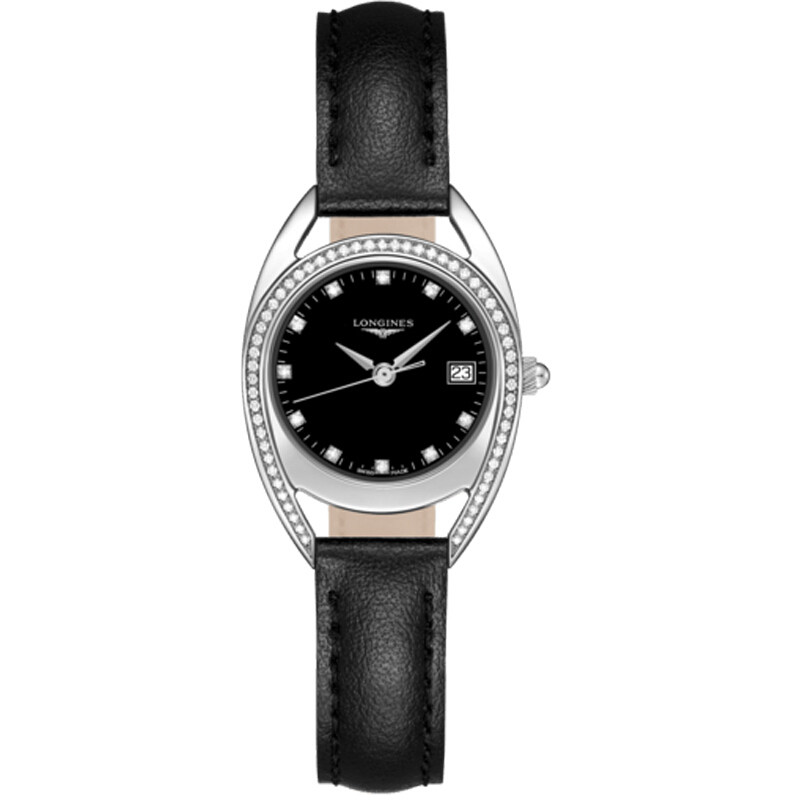 浪琴(Longines)手表 骑仕系列石英女表 L6.136.0.57.0 镶钻时标表壳黑盘26mm 黑盘黑带