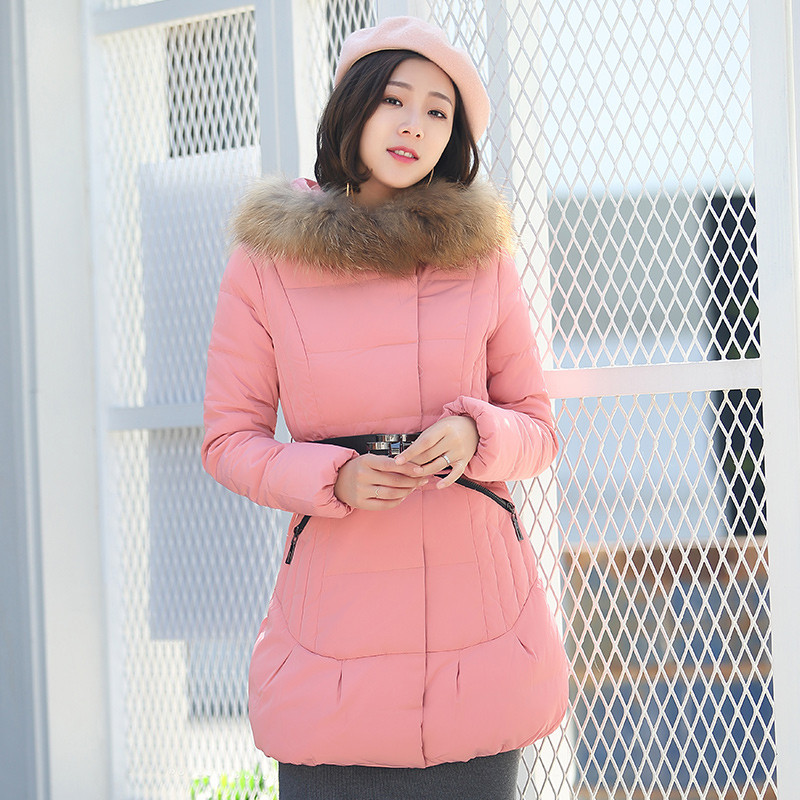 千仞岗品牌羽绒服女中长款真毛领修身冬季羽绒服外套 XL 粉红